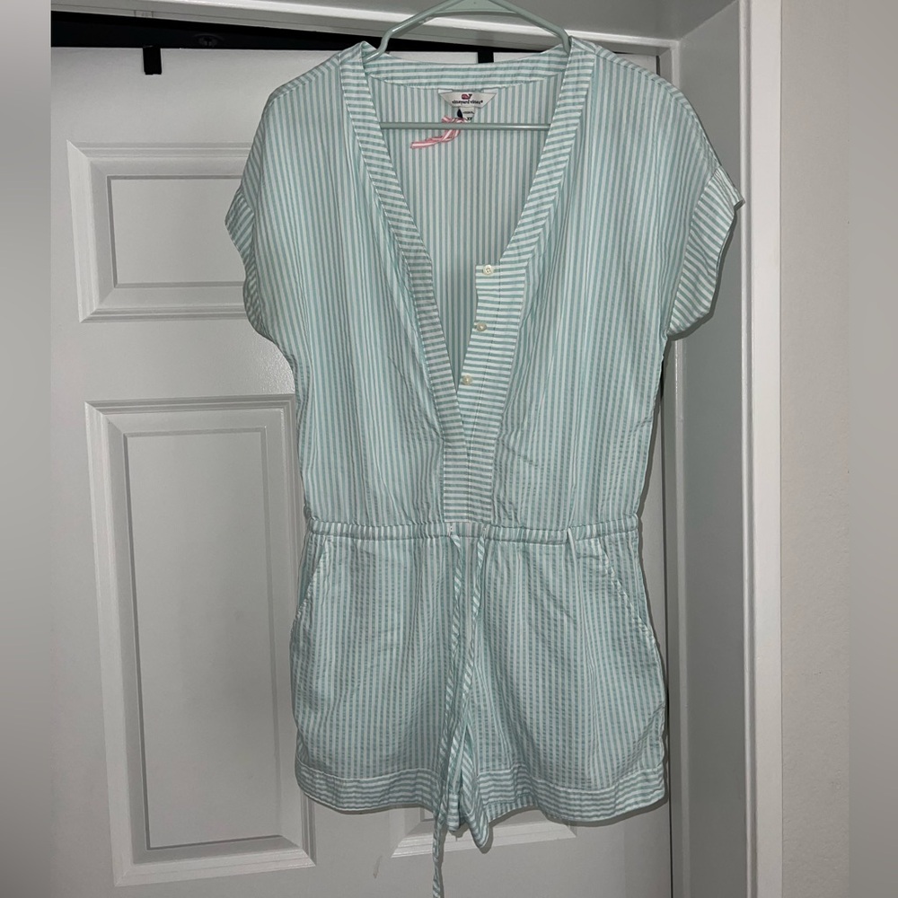 Vineyard Vines Aqua Blue White Stripe Seersucker Short Sleeve Romper XXS EUC